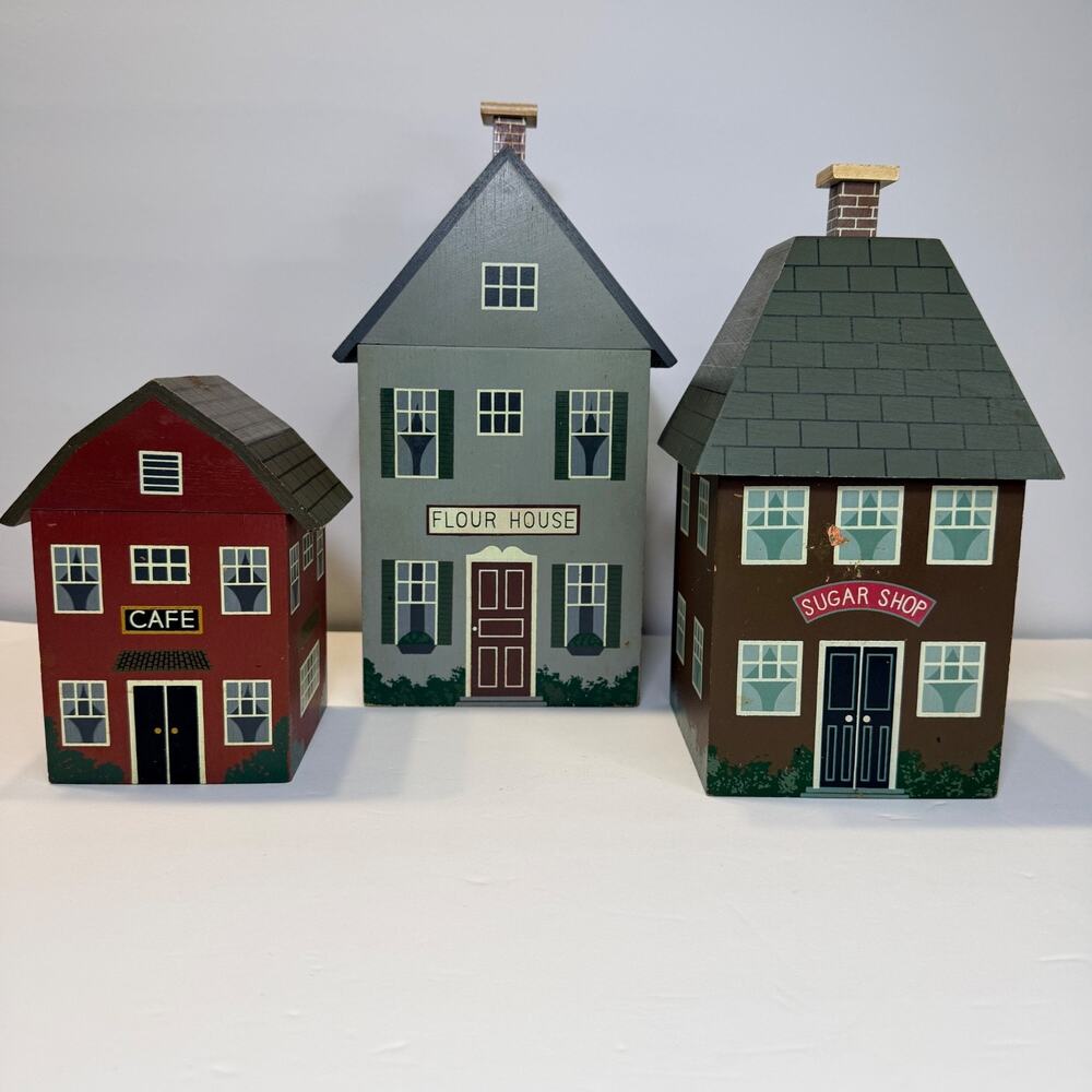 Vintage Wooden Village Kitchen Canisters Set of 3 Flour Sugar Cafe